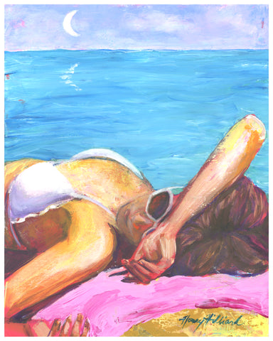 "Moon Bathing Pink Towel" Canvas Print