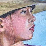 Portrait of a girl on horse, detail of face and textured canvas