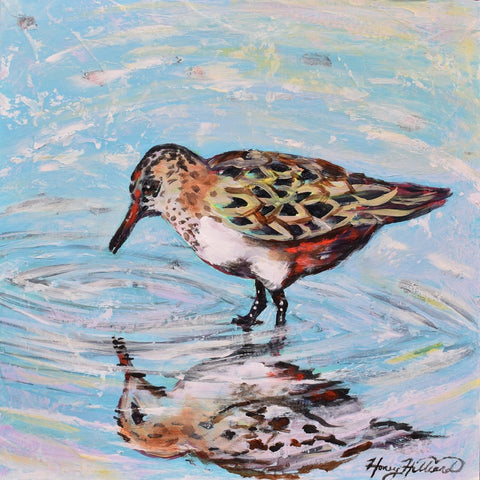 Shorebird Reflection on 12x12" wood canvas, textured original painting by Honey Hilliard