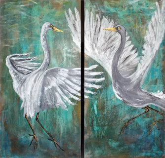 Dancing Crane Diptych, (SOLD) 48x48